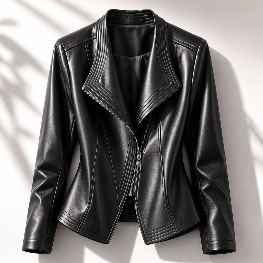Black Women's Faux Leather Jacket with Asymmetric Zip & Wide Lapel Collar