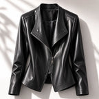 Black Women's Faux Leather Jacket with Asymmetric Zip & Wide Lapel Collar