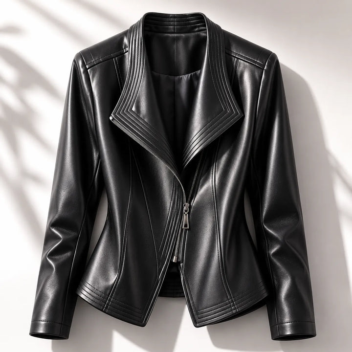 Black Women's Faux Leather Jacket with Asymmetric Zip & Wide Lapel Collar