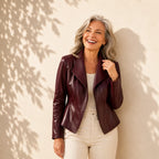 Burgundy Women's Faux Leather Jacket with Asymmetric Zip & Wide Lapel Collar — Eden - Model Outdoor Pose