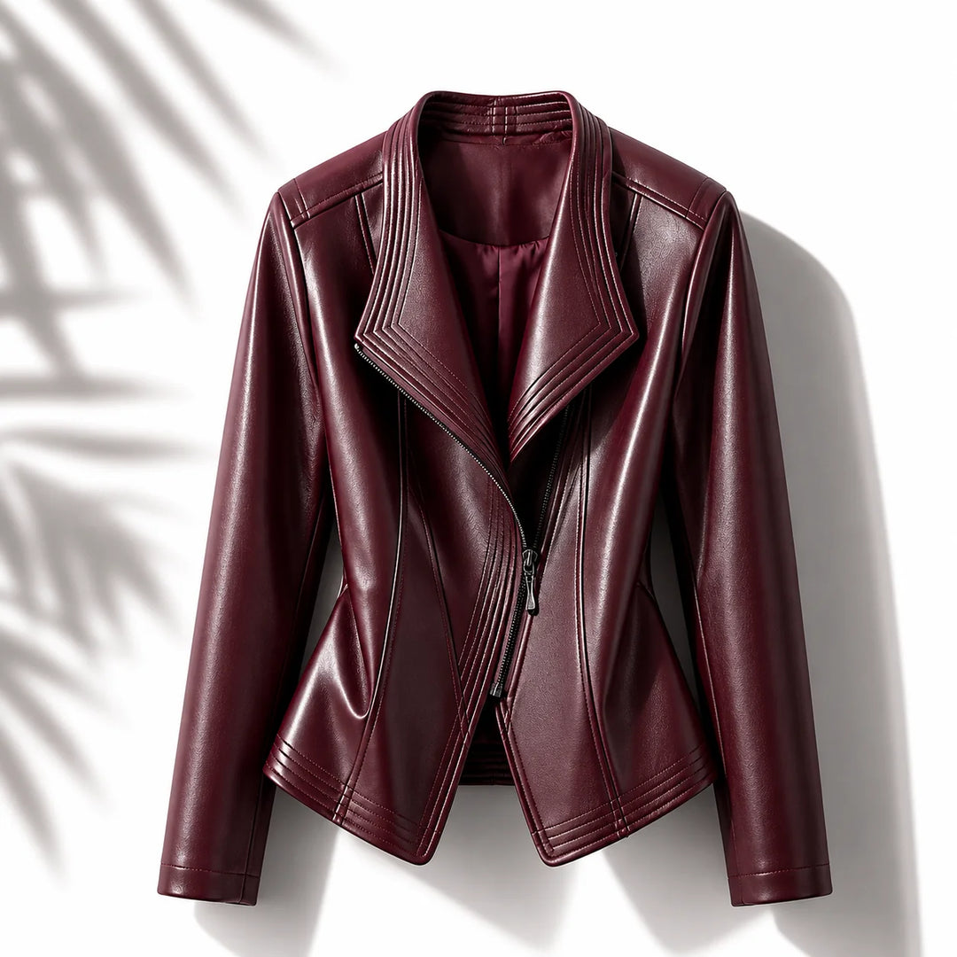 Burgundy Women's Faux Leather Jacket with Asymmetric Zip & Wide Lapel Collar