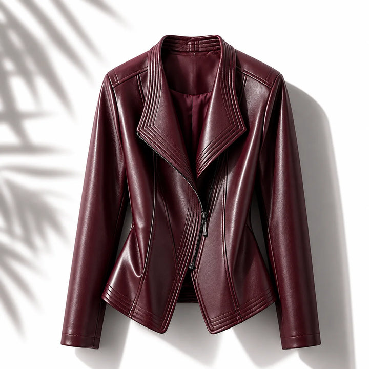 Burgundy Women's Faux Leather Jacket with Asymmetric Zip & Wide Lapel Collar