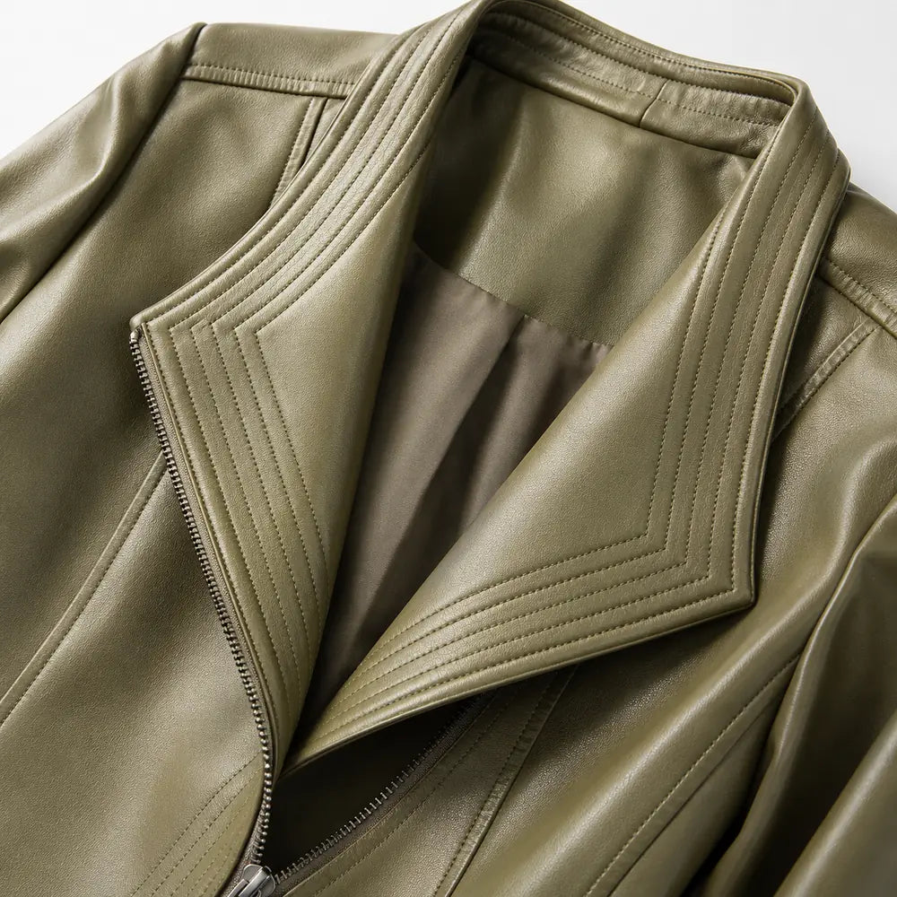 Green Women's Faux Leather Jacket with Asymmetric Zip & Wide Lapel Collar — Eden - Collar Detail