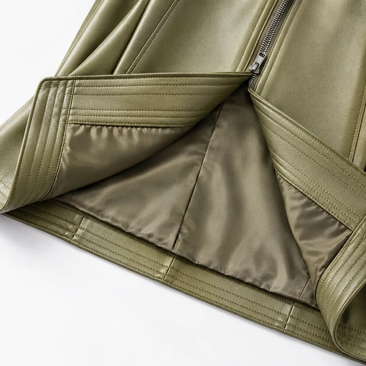 Green Women's Faux Leather Jacket with Asymmetric Zip & Wide Lapel Collar — Eden - Interior Pocket Detail
