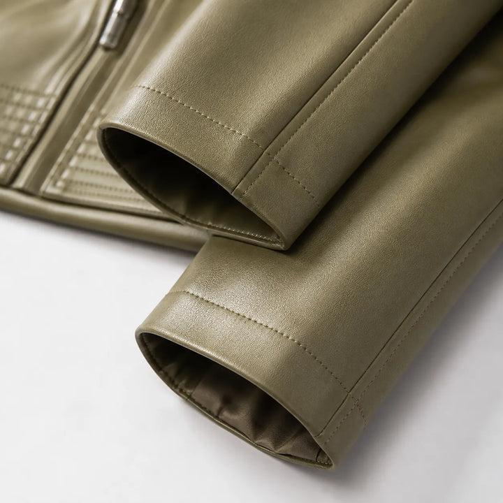 Green Women's Faux Leather Jacket with Asymmetric Zip & Wide Lapel Collar — Eden - Sleeve Cuff Detail