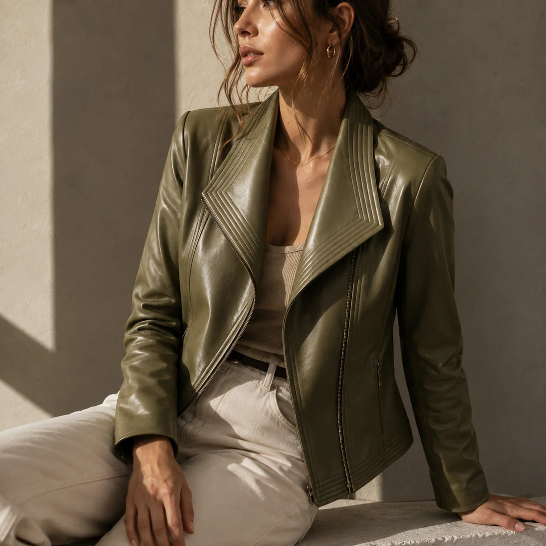 Green Women's Faux Leather Jacket with Asymmetric Zip & Wide Lapel Collar — Eden - Worn Lifestyle