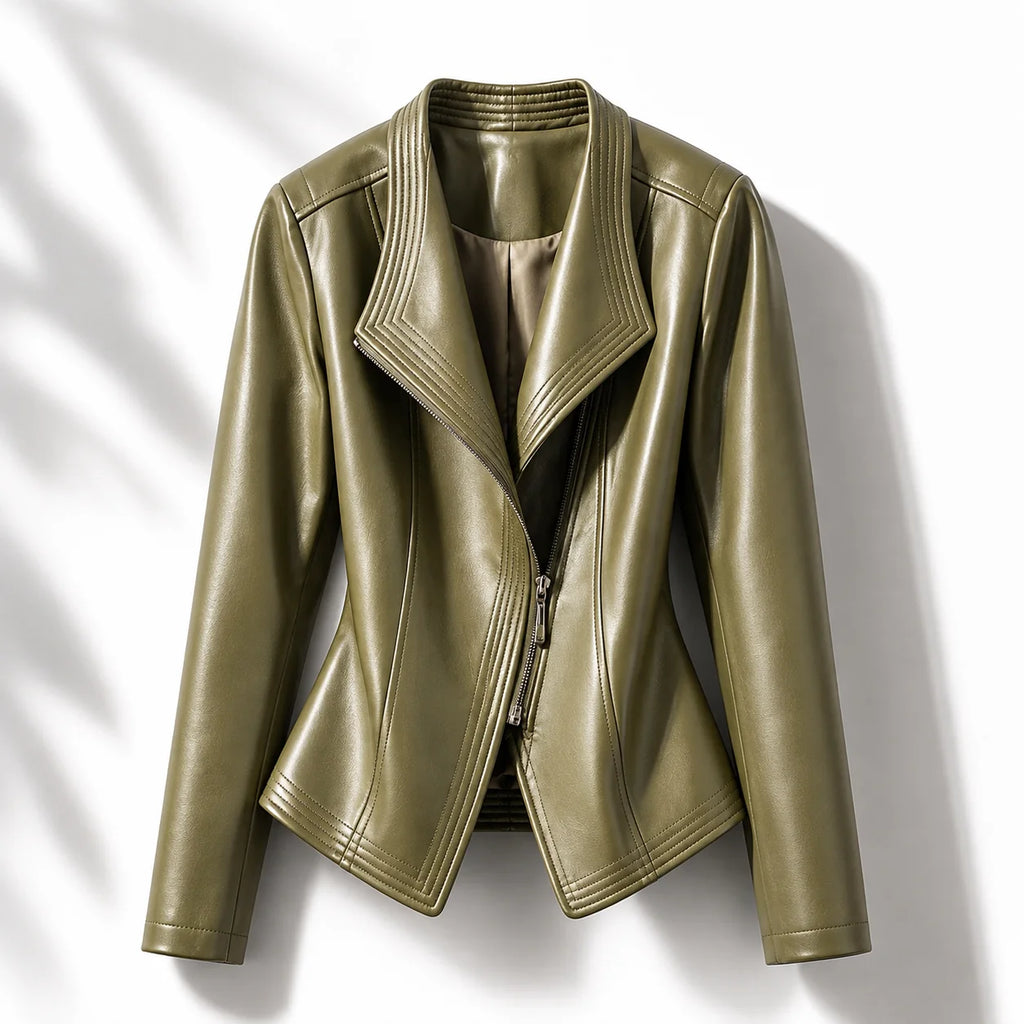 Green Women's Faux Leather Jacket with Asymmetric Zip & Wide Lapel Collar