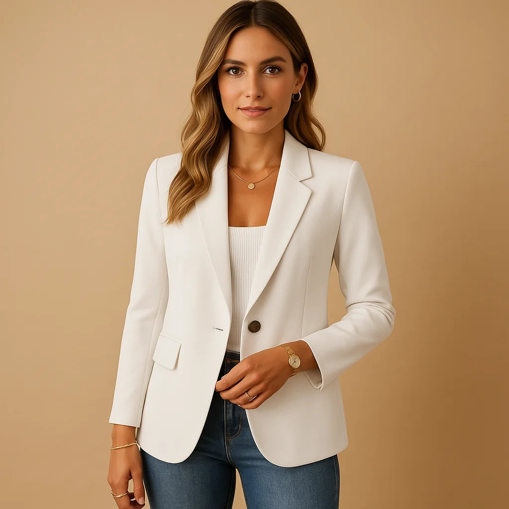 White Women's Fitted Blazer with Peak Lapels & Side Pockets