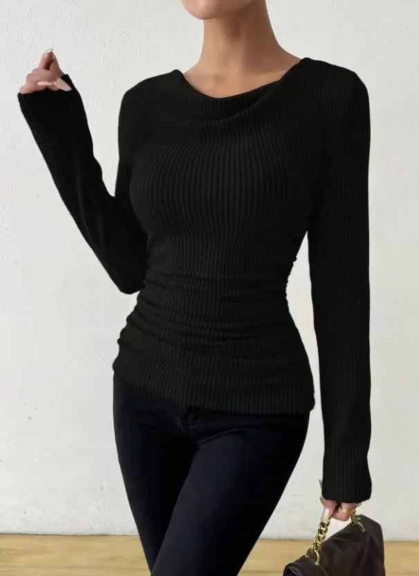 Black Women's Fitted Rib Knit Top with Cowl Neck & Ruched Waist — Roxanne