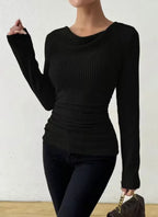 Women's Fitted Rib Knit Top with Cowl Neck & Ruched Waist