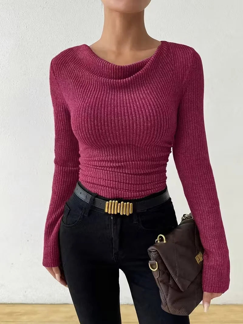 Fuchsia Women's Fitted Rib Knit Top with Cowl Neck & Ruched Waist — Roxanne