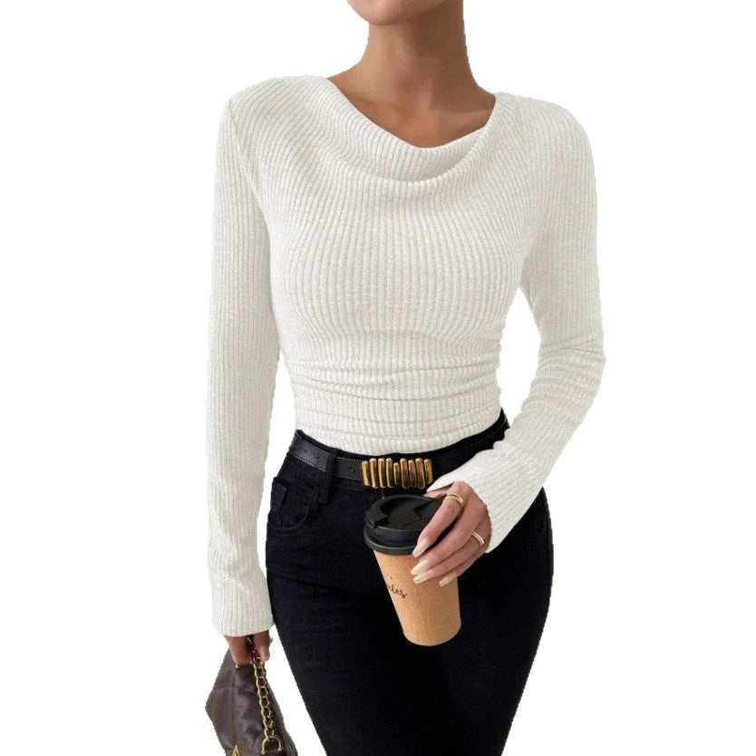 Khaki Women's Fitted Rib Knit Top with Cowl Neck & Ruched Waist — Roxanne - Front Studio White Bg
