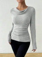 Women's Fitted Rib Knit Top with Cowl Neck & Ruched Waist