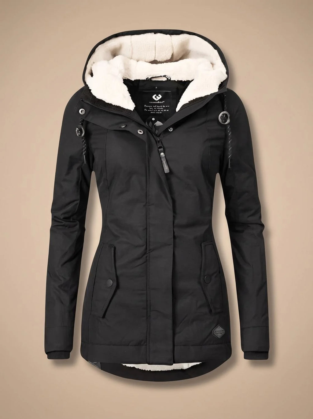 Black Women's Fleece Lined Waterproof Jacket with Hood & Relaxed Fit