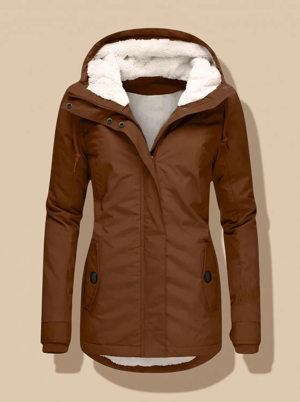 Brown Women's Fleece Lined Waterproof Jacket with Hood & Relaxed Fit