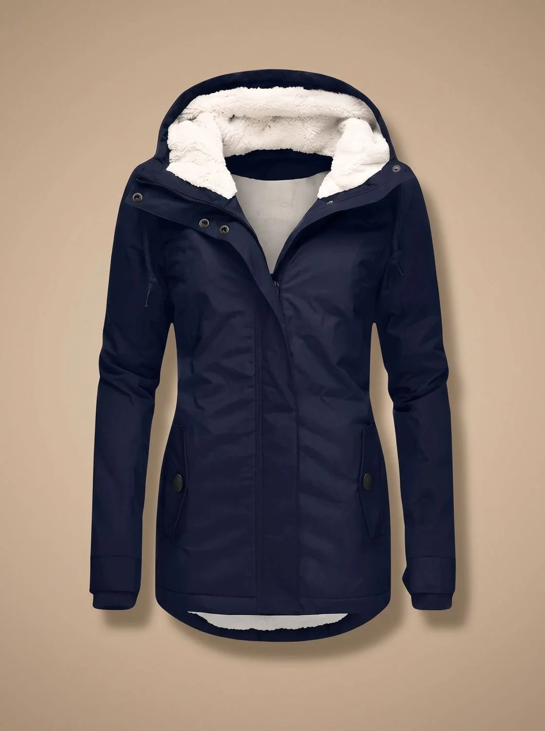 Navy Blue Women's Fleece Lined Waterproof Jacket with Hood & Relaxed Fit - Front Flat Lay