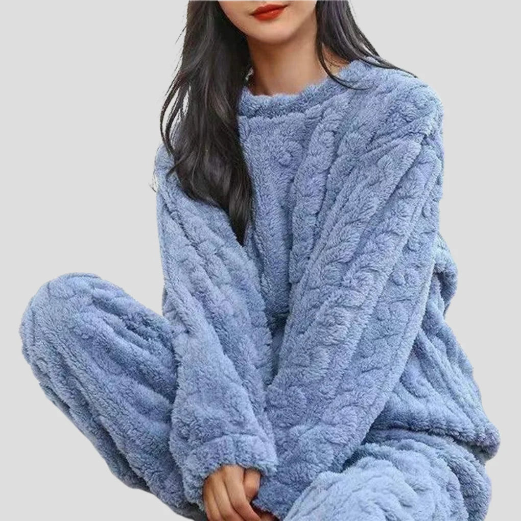 Blue Women's Fleece Pajamas Set with Long Sleeves & Relaxed Fit — Margot