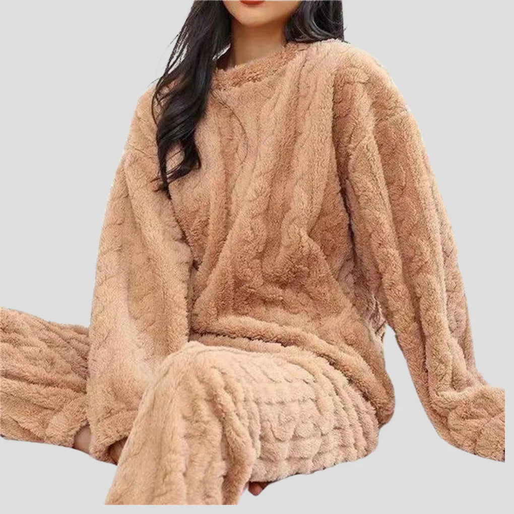 Brown Women's Fleece Pajamas Set with Long Sleeves & Relaxed Fit — Margot