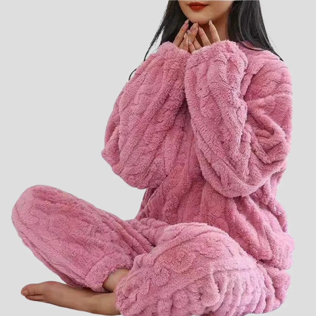 Pink Women's Fleece Pajamas Set with Long Sleeves & Relaxed Fit — Margot - Side Pose