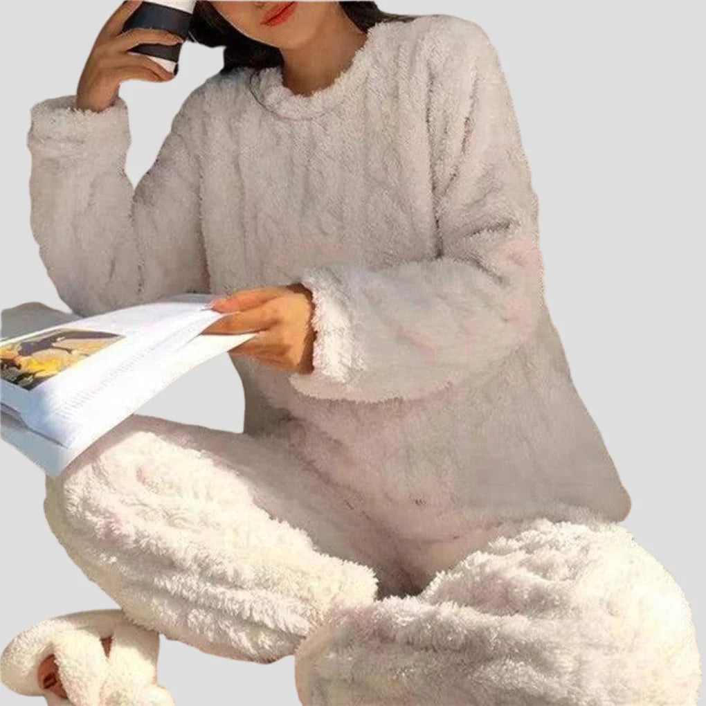White Women's Fleece Pajamas Set with Long Sleeves & Relaxed Fit — Margot - Worn Lifestyle