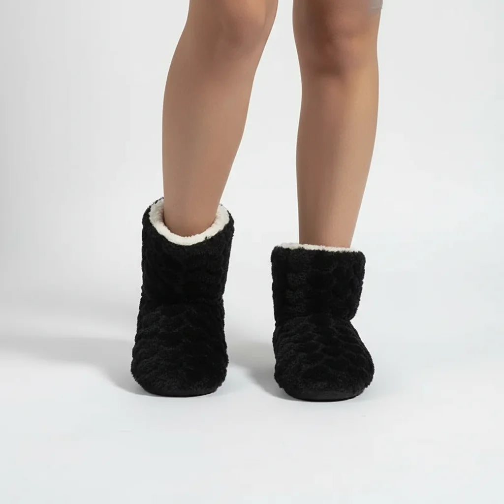 Black Women's Fluffy Slipper Boots with Cozy Fleece Lining & Non-Slip Sole - Back View Studio