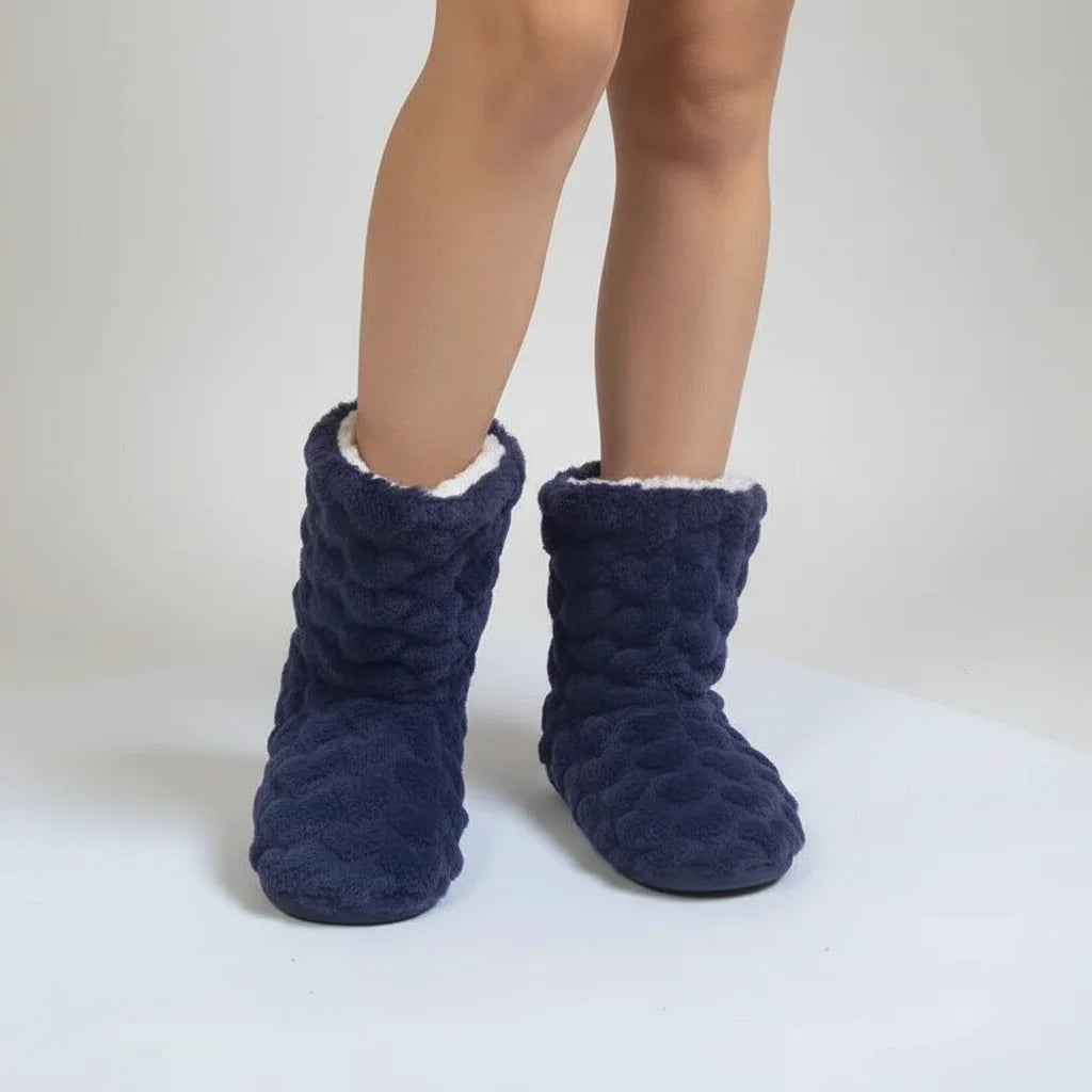 Dark Blue Women's Fluffy Slipper Boots with Cozy Fleece Lining & Non-Slip Sole - Front Stance Studio