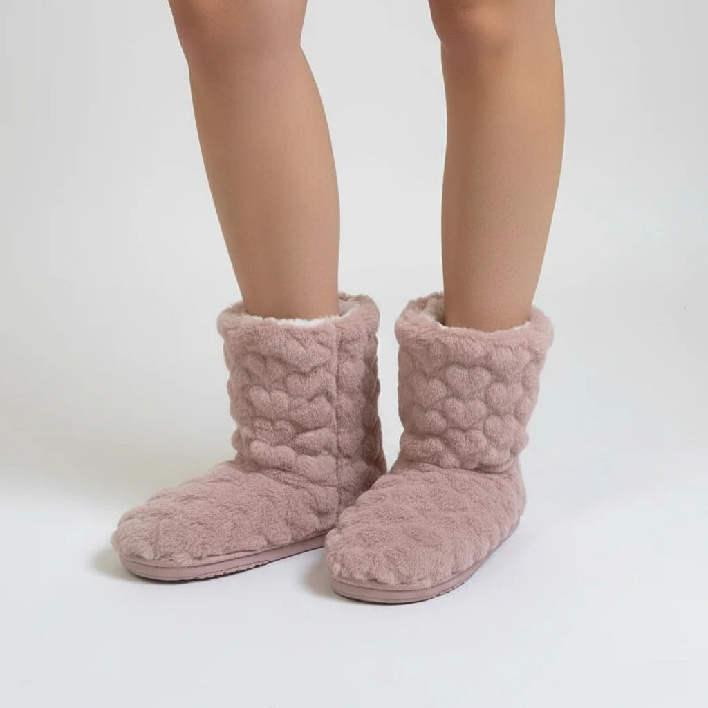 Dark Pink Women's Fluffy Slipper Boots with Cozy Fleece Lining & Non-Slip Sole - Front Facing Studio