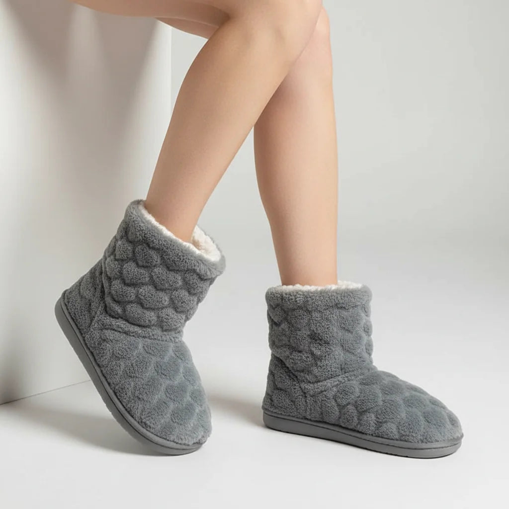 Grey Women's Fluffy Slipper Boots with Cozy Fleece Lining & Non-Slip Sole - Side Step Studio