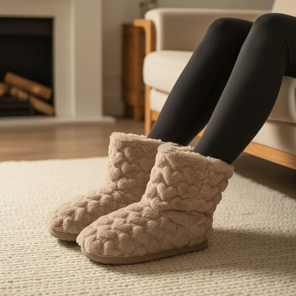 Khaki Women's Fluffy Slipper Boots with Cozy Fleece Lining & Non-Slip Sole - Lifestyle Fireplace Scene