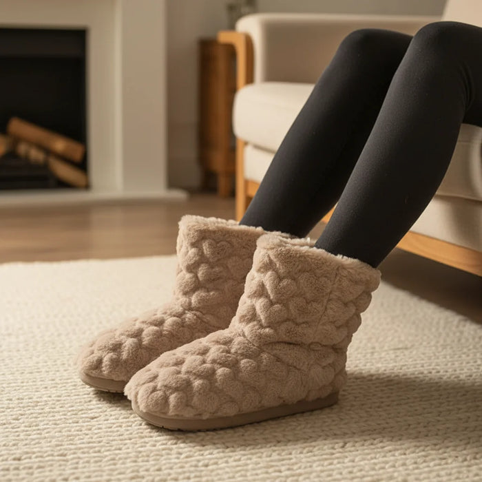 Khaki Women's Fluffy Slipper Boots with Cozy Fleece Lining & Non-Slip Sole - Lifestyle Fireplace Scene