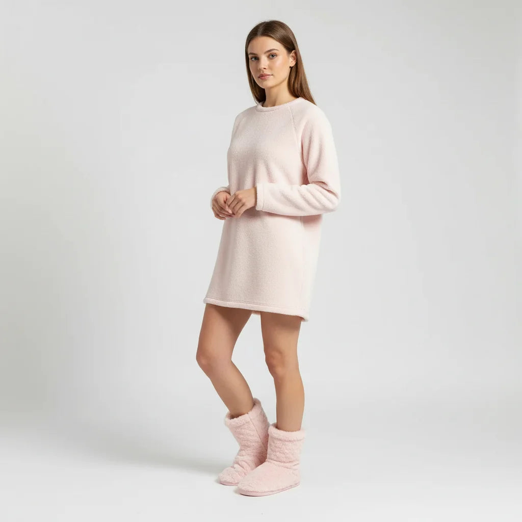 Pink Women's Fluffy Slipper Boots with Cozy Fleece Lining & Non-Slip Sole - Full Outfit Styled