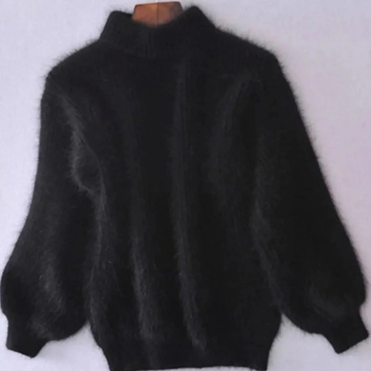 Black Women's Fluffy Turtleneck Sweater with Balloon Sleeves & Relaxed Fit — Pia
