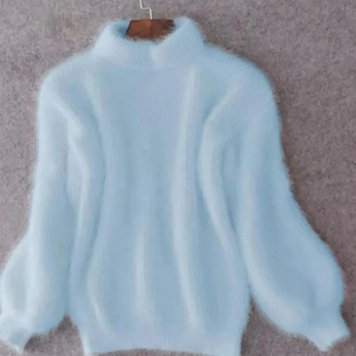 Blue Women's Fluffy Turtleneck Sweater with Balloon Sleeves & Relaxed Fit — Pia