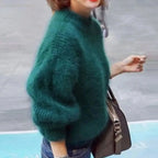 Green Women's Fluffy Turtleneck Sweater with Balloon Sleeves & Relaxed Fit — Pia