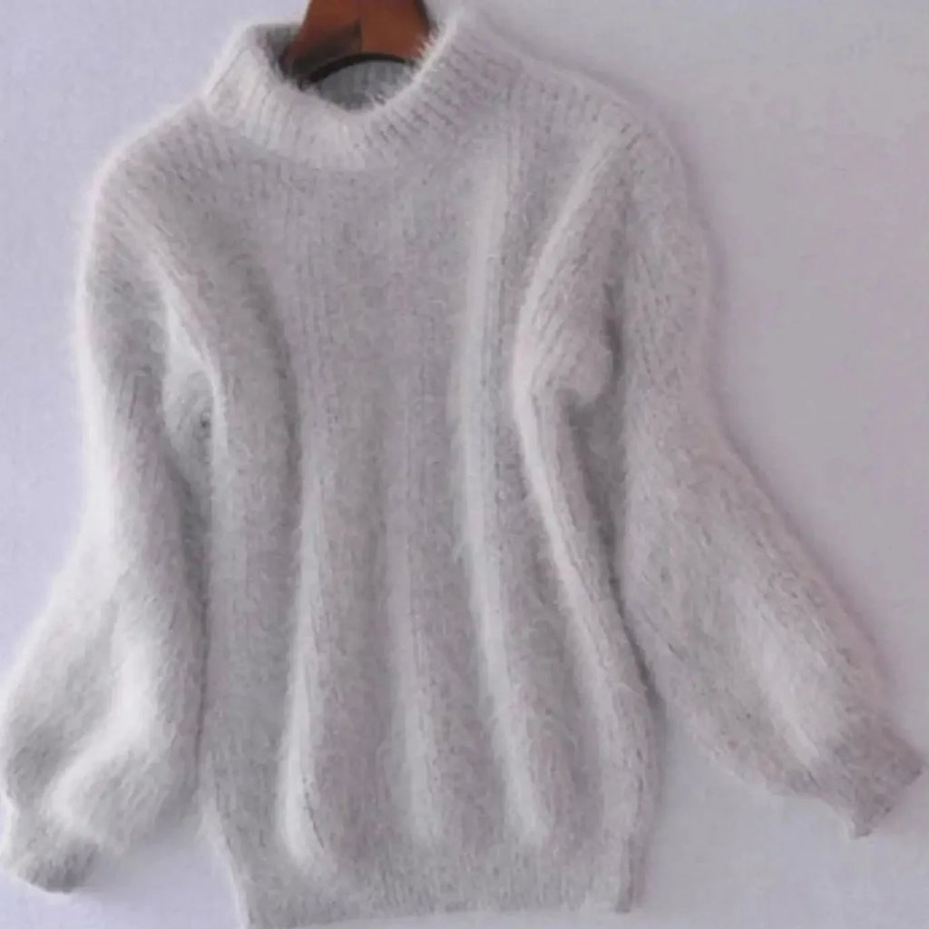 Grey Women's Fluffy Turtleneck Sweater with Balloon Sleeves & Relaxed Fit — Pia