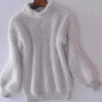 Grey Women's Fluffy Turtleneck Sweater with Balloon Sleeves & Relaxed Fit — Pia