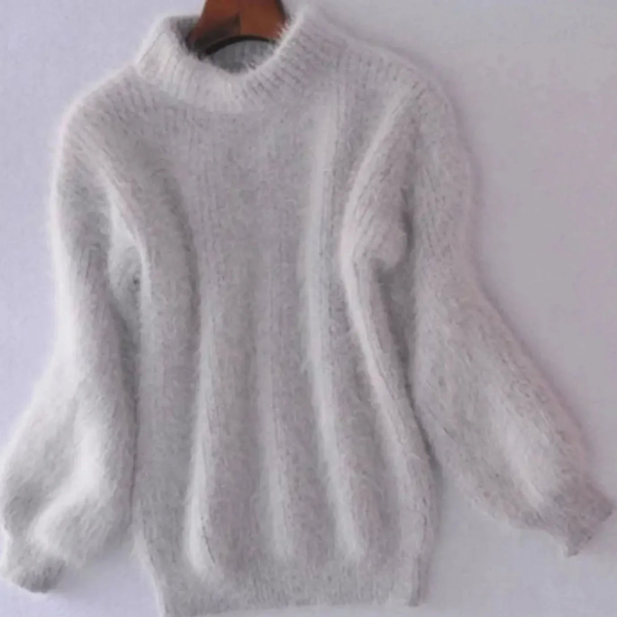 Grey Women's Fluffy Turtleneck Sweater with Balloon Sleeves & Relaxed Fit — Pia