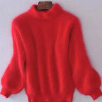 Red Women's Fluffy Turtleneck Sweater with Balloon Sleeves & Relaxed Fit — Pia