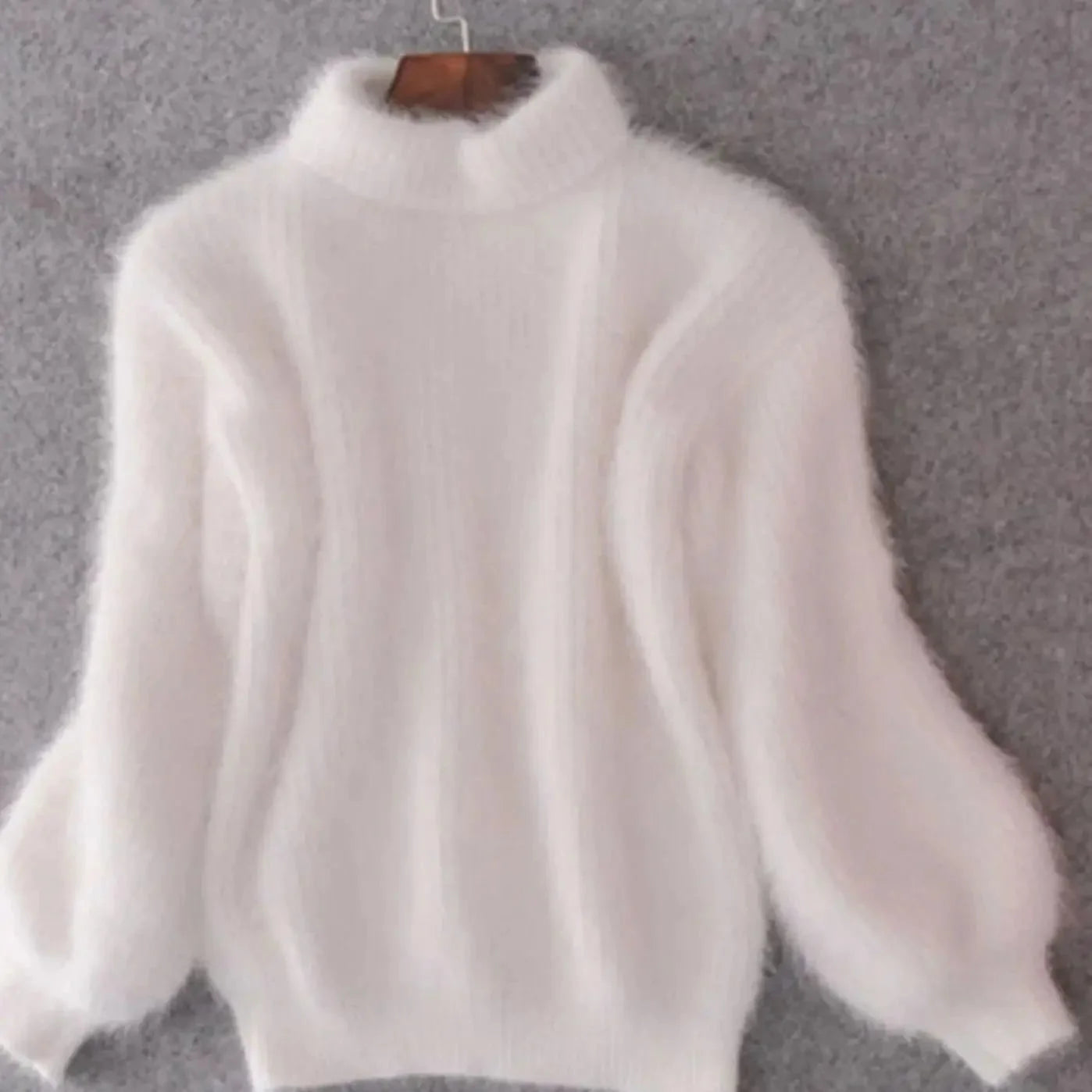 White Women's Fluffy Turtleneck Sweater with Balloon Sleeves & Relaxed Fit — Pia