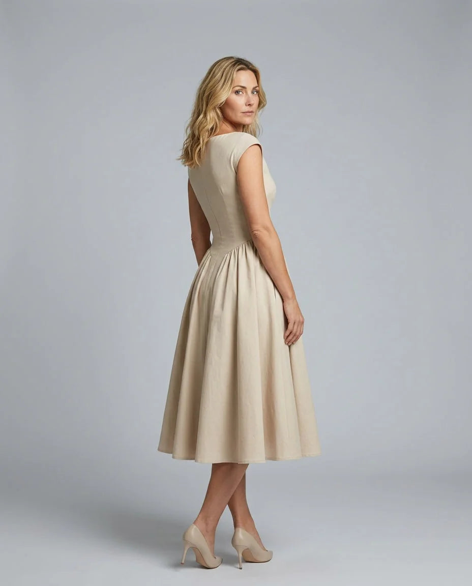 Women's Full Skirt Midi Dress with Structured Bodice & Cap Sleeves - Back Side Turn