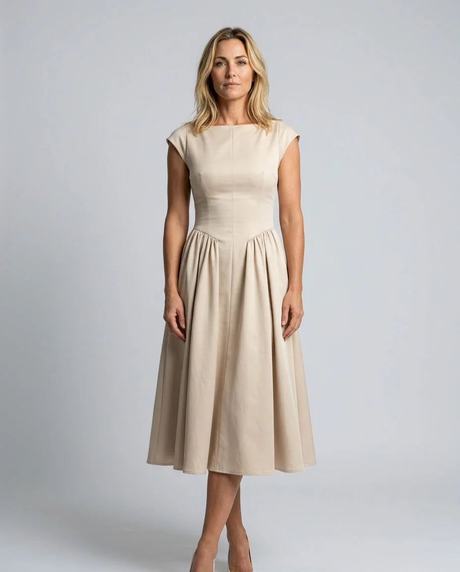 Women's Full Skirt Midi Dress with Structured Bodice & Cap Sleeves - Front Plain Stance