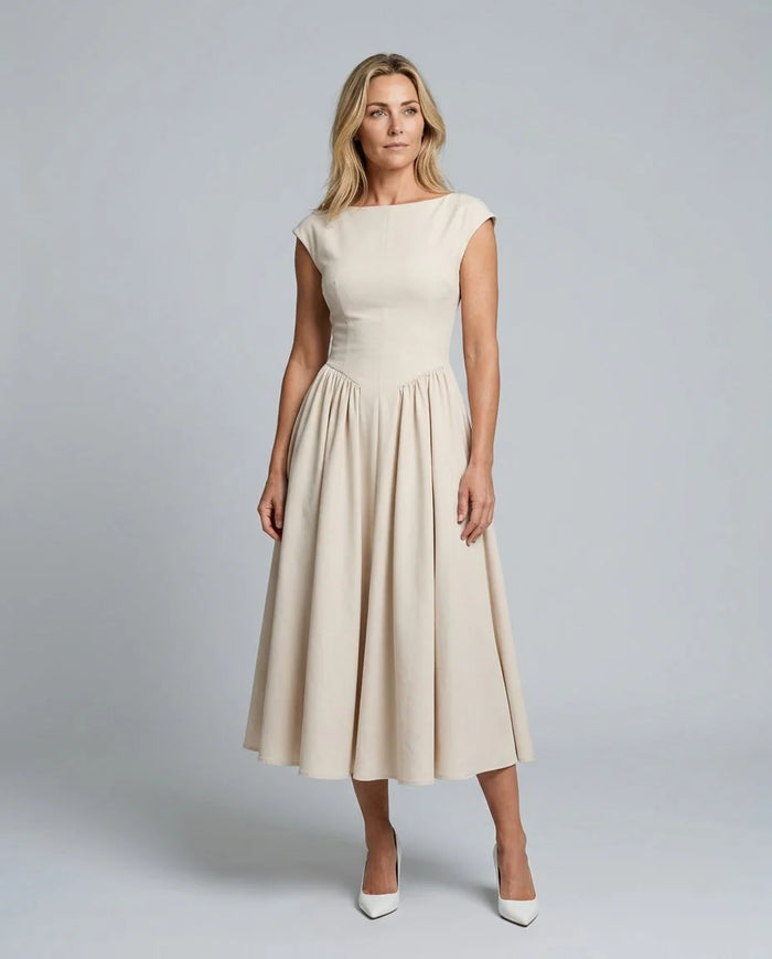 Beige Women's Full Skirt Midi Dress with Structured Bodice & Cap Sleeves