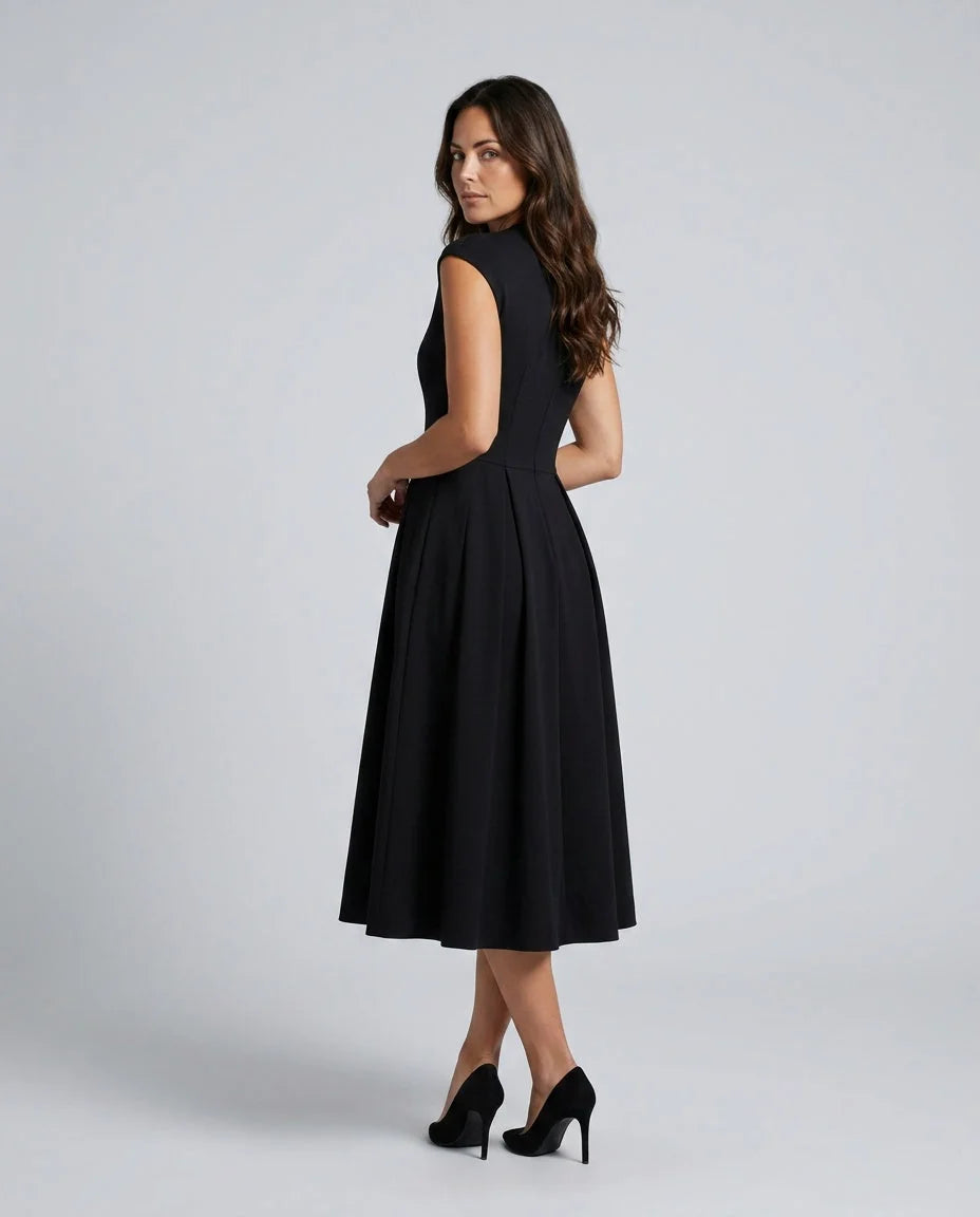 Women's Full Skirt Midi Dress with Structured Bodice & Cap Sleeves - Back Walking Pose