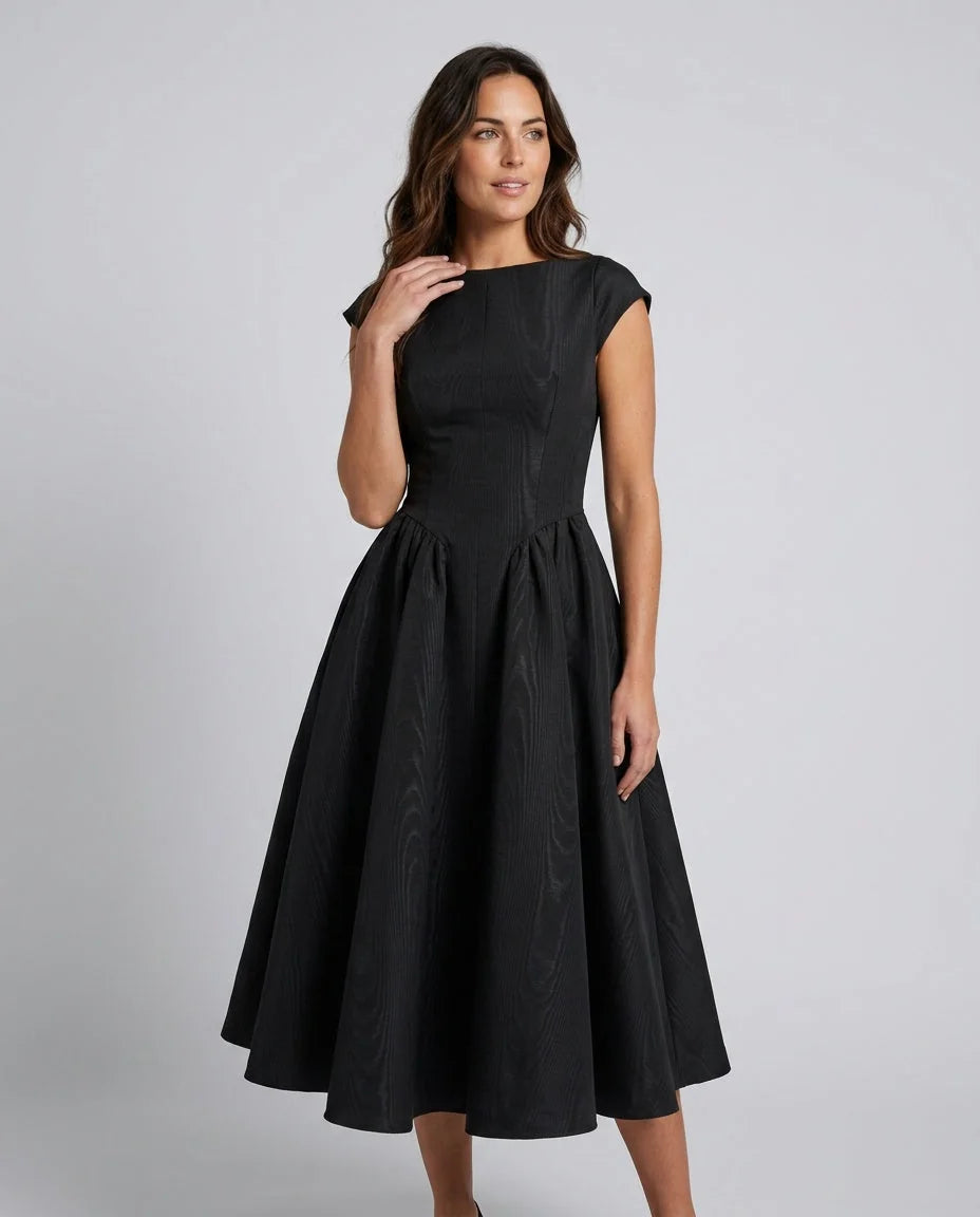 Women's Full Skirt Midi Dress with Structured Bodice & Cap Sleeves - Front Closeup Hand Neck