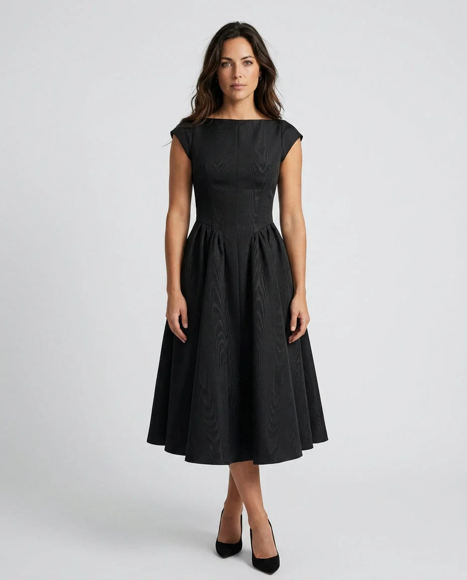 Black Women's Full Skirt Midi Dress with Structured Bodice & Cap Sleeves