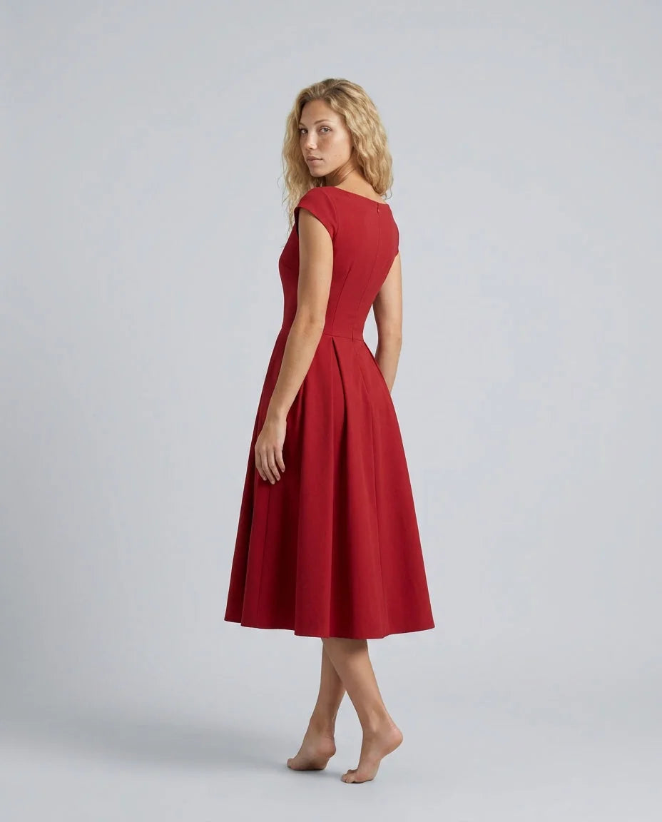Women's Full Skirt Midi Dress with Structured Bodice & Cap Sleeves - Back Barefoot Walk