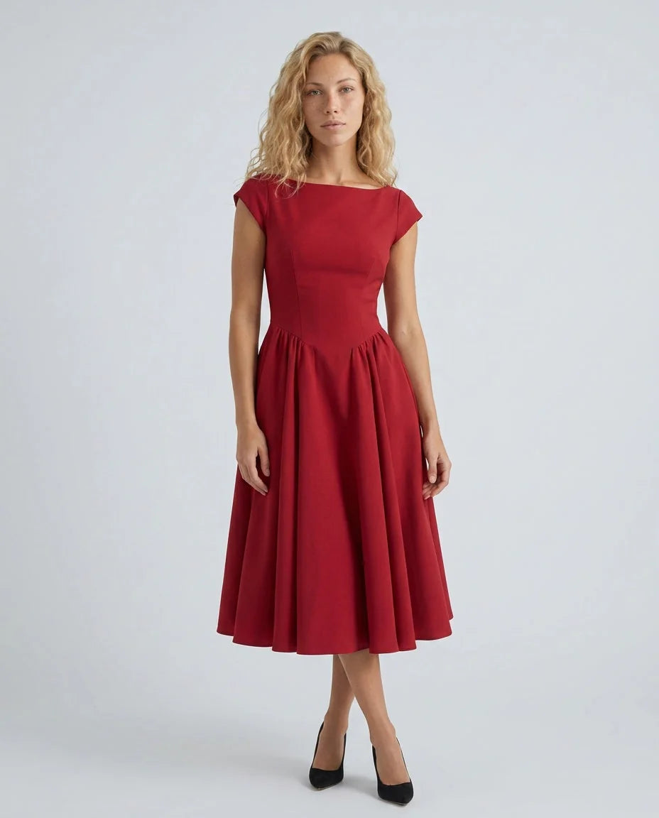 Women's Full Skirt Midi Dress with Structured Bodice & Cap Sleeves - Front Full Casual Stance