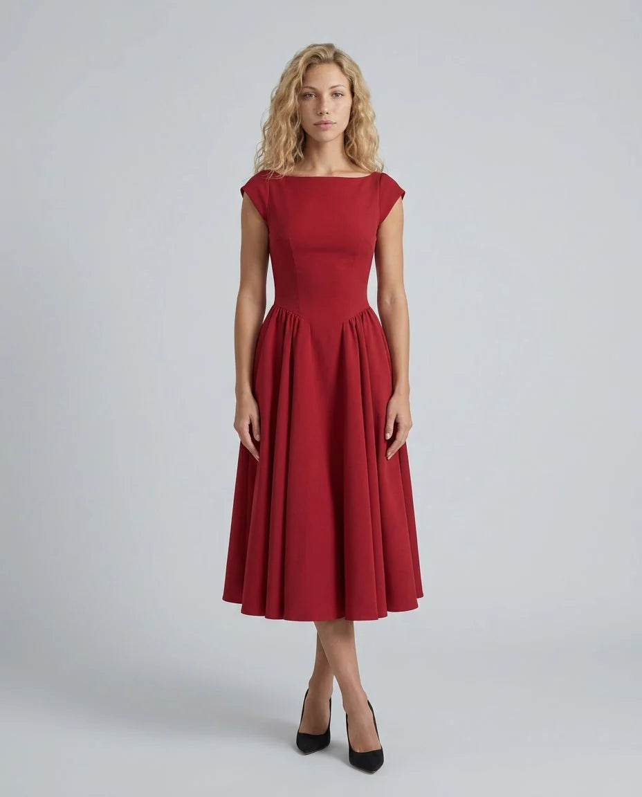 Red Women's Full Skirt Midi Dress with Structured Bodice & Cap Sleeves