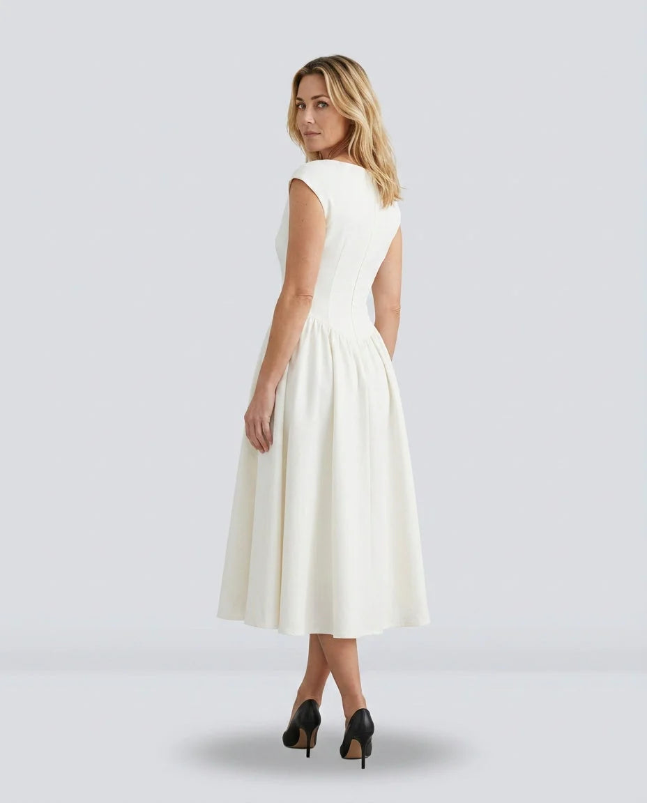Women's Full Skirt Midi Dress with Structured Bodice & Cap Sleeves - Back Side Turn Light