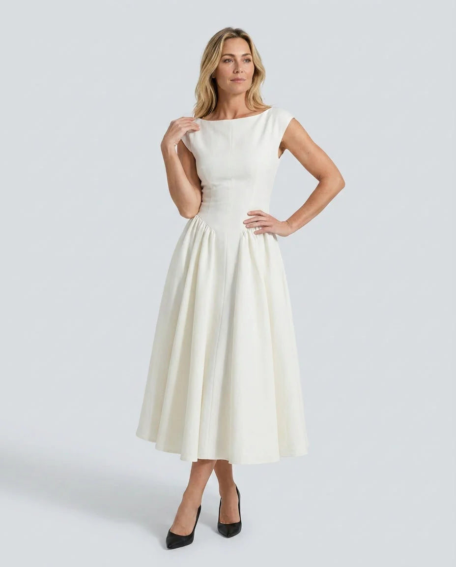 Women's Full Skirt Midi Dress with Structured Bodice & Cap Sleeves - Front Hand On Hip